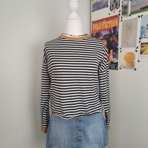 H&M Black and White Striped Long Sleeve Top with Yellow Accents - Size S